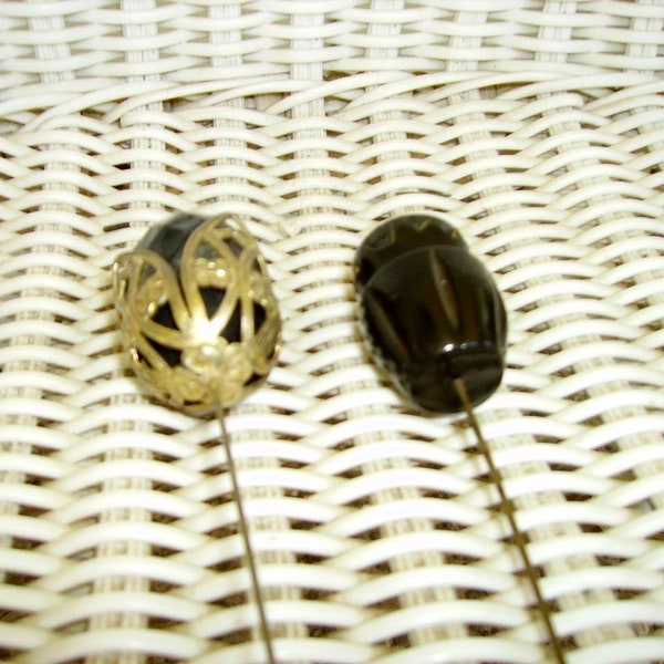 True Antique Victorian Mourning Hat Pins (2)/Ormolu and Black Glass Hat Pin/Gutta Percha Hat Pin/Victorian Mourning/Victorian Hat