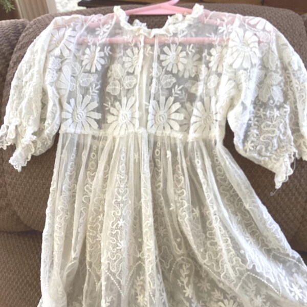 Exquisite Vintage 1930s French Net Lace and Embroidered Flowers Baby Christening Gown 31” Long