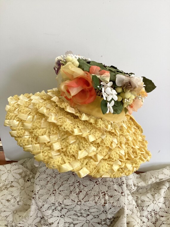 Vintage Gold Wide-Brim Hat with Ribbon and Faux Flower Detail Vintage Garden Party Straw Hat With Silk Flower C.1920 main image 4