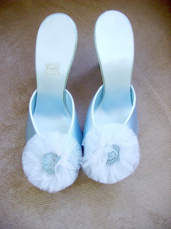 Fabulous Vintage Blue Satin Boudoir Slippers Heels