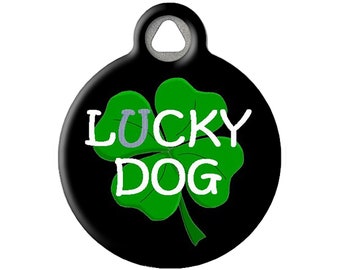 Lucky Dog Shamrock Personalized Pet ID Tag for Dogs and Cats, Silent Dog Tag by Dog Tag Art