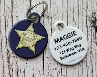 Custom Sheriff Badge Pet ID Tag - Personalized Dog & Cat Name Tag | Durable Police Star Design | Pet Collar Tag for Safety