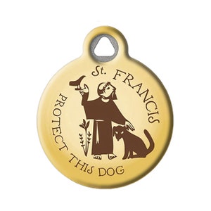 St Francis Protect this Dog Religious Themed Personalized Pet ID Tag with Custom Identification Information by Dog Tag Art