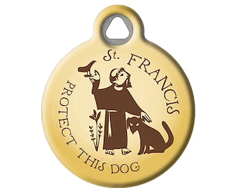 St Francis Protect this Dog Religious Themed Personalized Pet ID Tag with Custom Identification Information by Dog Tag Art