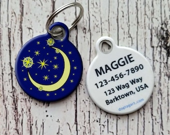 Moon and Stars Personalized Pet ID Tag – Custom Dog Tag, Printed Cat Name Tag, Unique Celestial Pet Tag, Cute Night Sky Pet Collar Charm