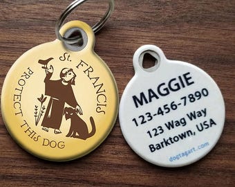 St Francis Protect this Dog Religious Themed Personalized Pet ID Tag with Custom Identification Information by Dog Tag Art