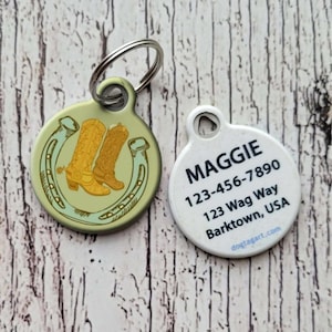 Cowboy Boots Western Dog Tag for Dogs and Cats Personalized Pet ID Tag with Custom Identification Information by Dog Tag Art