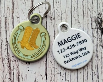 Cowboy Boots Western Dog Tag for Dogs and Cats Personalized Pet ID Tag with Custom Identification Information by Dog Tag Art