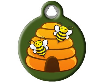 Happy Honey Bee Hive Pet ID Tag with Personalized Identification Info by Dog Tag Art