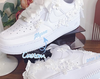 Bridal shoes - Wedding Sneakers - Personalized Pearl Floral Bridal Sneakers, Custom Name Wedding Shoes