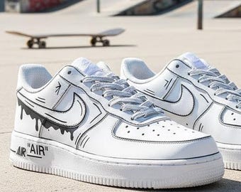 Hand Painted AF1 Sneakers – Custom Graffiti Air Force 1, Drip Swoosh Design, Black White Streetwear Shoes