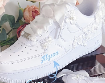 Wedding Air Force 1 – Pearl Floral Bride Sneakers with Personalized Name