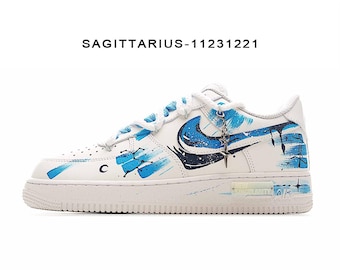 Zapatillas Air Force 1 pintadas a mano: AF1 con grafiti personalizado, diseño de Swoosh con goteo y doce signos del zodiaco.