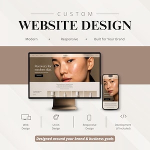 May include: A computer monitor and a smartphone displaying a website with the text Recovery for modern skin. The graphic includes the text CUSTOM WEBSITE DESIGN, Modern, Responsive, Built for Your Brand, Web Design, UI/UX Design, and Development.