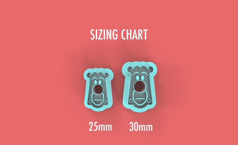 May include: Two teal-colored bear-shaped cookie cutters on a coral background. The cutters are in different sizes, with the text "SIZING CHART" above them. The sizes are labeled as 25mm and 30mm.