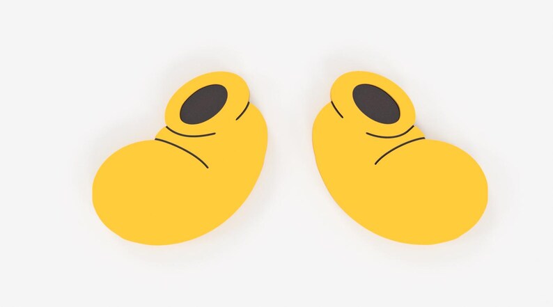 May include: Two yellow cartoon shoes with black oval openings and black curved lines. The shoes are a bright yellow color and are set against a white background. The shoes are a whimsical design.