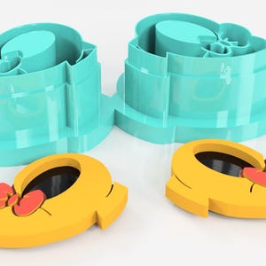 May include: Two teal cookie cutters and two yellow shoe-shaped cookie cutters with red bows. The cookie cutters are designed to create shoe-shaped cookies, perfect for themed baking projects. The image is on a white background.