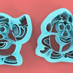 May include: Two light blue plastic cookie cutters shaped like cartoon characters. One has a mustache and hat, the other has a smile and hair. The cutters are on a red background.