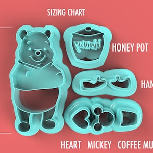 May include: A collection of teal-colored cookie cutters on a red background. The set includes shapes of a bear, a honey pot, hands, a heart, a Mickey Mouse head, and a coffee mug. The bear cutter is 45mm tall. Text labels identify each shape.