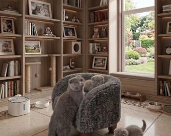 Luksusowa pluszowa sofa dla kota - ręcznie robiona szara sofa dla zwierząt z imitacji futra - miniaturowe aksamitne legowisko dla psa z drewnianymi nogami - przytulny prezent dla miłośnika zwierząt