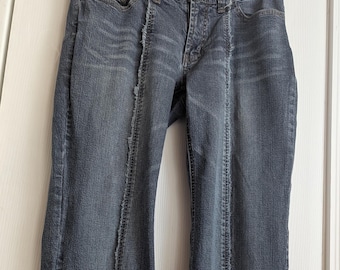 Express Jeans Women&#39;s Vintage 1990&#39;s Flared Leg Fringe Blue Denim Boho Junior Size 9/10