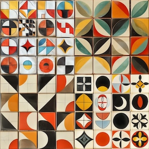 May include: A collection of square ceramic tiles with various geometric designs. The tiles feature a mix of colors, including red, orange, black, yellow, and blue. The patterns include circles, triangles, and abstract shapes.