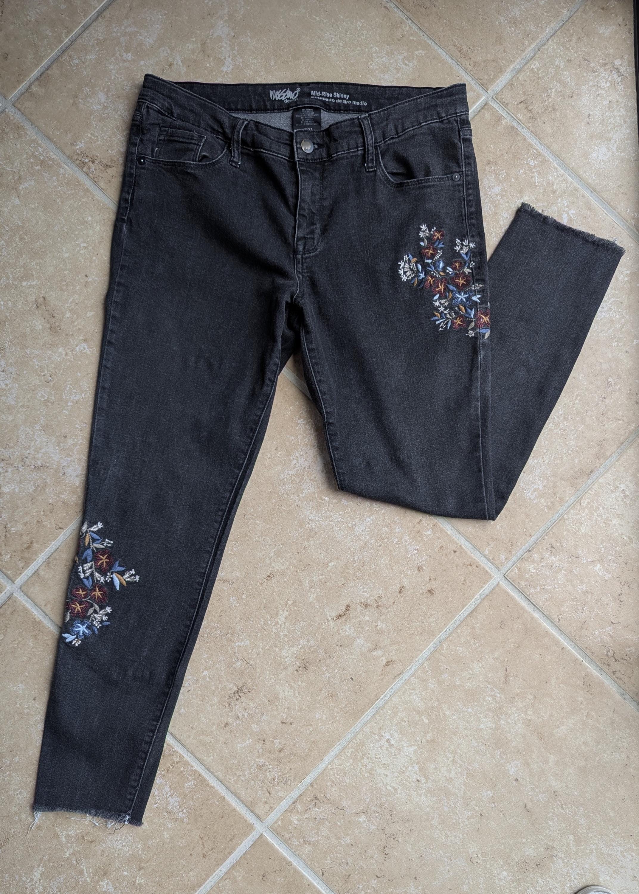 Vintage 1990s Bohemian Mossimo Jeans Women's Size 12/31 Black Embroidered Skinny Jeans with Raw Hem