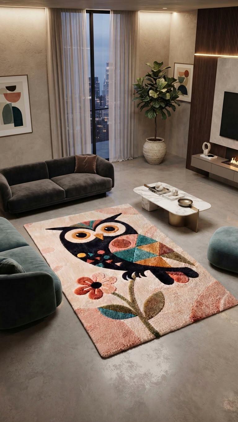 Handmade Owl Area Rug, Colorful Floral Animal Rug, Boho Nursery Rug, Whimsical Living Room Carpet, C