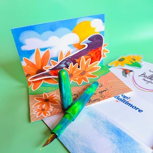 Carte de voeux pop-up Baltimore Oriole - Carte 3D avec fleurs Susan aux yeux noirs, carte Maryland Bird, cadeau nature, papeterie State Pride