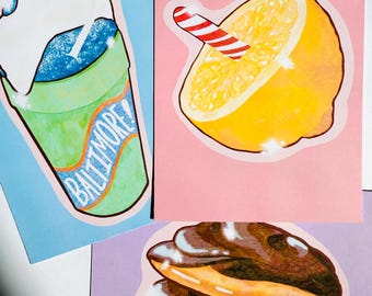 Baltimore Art Print Set | Food Themed | Snowball, Lemon Stick, Berger Cookie | Dessert Wall Art, Home Decor, & Maryland Illustration |
