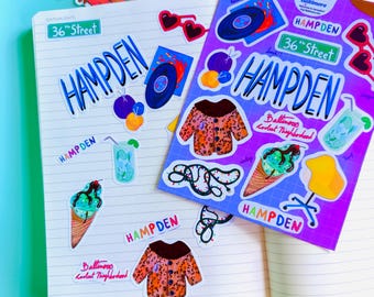 Hampden Baltimore Sticker-Bogen - Bunte Wahrzeichen, Lokaler Charme, Allee-Symbole, Illustrierte Aufkleber