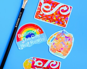 Baltimore Bibliothek Aufkleber | Hand Illustrierte Bücherwurm Liebhaber Sticker Pack | Wasserabweisend und holographisch!