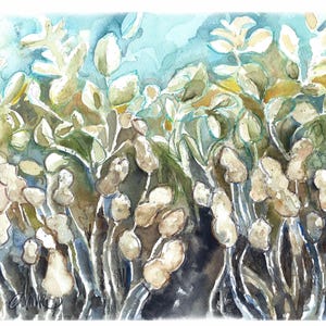 Può includere: Dipinto ad acquerello di una scena botanica con fogliame beige chiaro, marrone e verde su uno sfondo blu e verde acqua. L'opera d'arte raffigura varie forme vegetali con uno stile artistico morbido, evocando un'atmosfera naturale e serena.