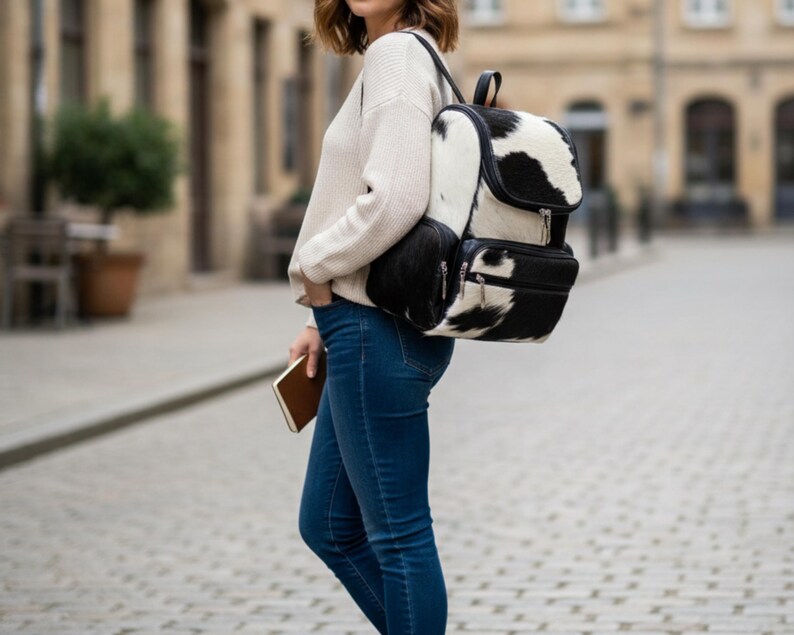 Op de afbeelding: Een zwart-witte koeienhuid rugzak met een klepsluiting en twee voorzakken. De rugzak heeft een zwart handvat en schouderbanden. De persoon op de foto draagt een cr&egrave;mekleurige trui en een blauwe jeans.