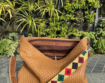Handcrafted Woven Leather Tote Bag  Artisanal Crossbody Purse
