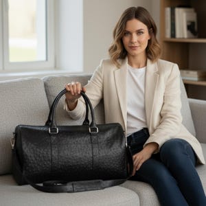May include: A black leather duffel bag with a textured surface, featuring a top handle and a shoulder strap. The bag has silver-colored hardware and is designed for travel or overnight stays. The bag is approximately 20 inches long.