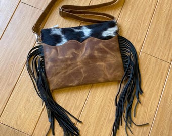 Bolso bandolera con flecos de piel de vaca: piel con pelo, bolso tote estilo western bohemio.