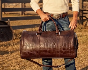 Leather Duffel Bag Crocodile Embossed  Luxury Weekender Travel carry on Rollon gym Christmas gift