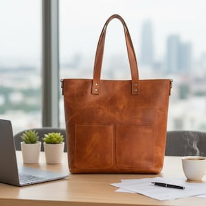May include: A brown leather tote bag with two front pockets and two top handles. The bag is sitting on a wooden desk next to a laptop, two small potted plants, and a cup of coffee. The background shows a city skyline.