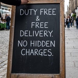 Op de afbeelding: A-frame schoolbordbord met een houten frame. Het zwarte schoolbord toont witte tekst met de tekst "DUTY FREE & FREE DELIVERY. NO HIDDEN CHARGES." De hand van een persoon is zichtbaar aan de bovenkant van het bord.