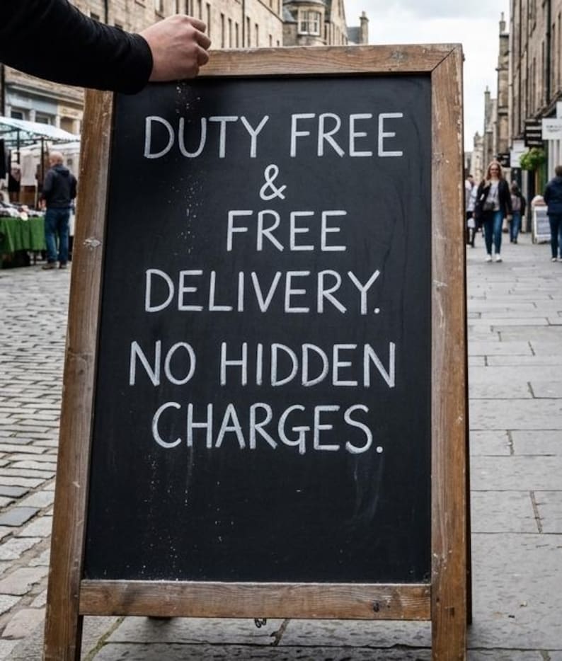 Op de afbeelding: A-frame schoolbordbord met een houten frame. Het zwarte schoolbord toont witte tekst met de tekst "DUTY FREE & FREE DELIVERY. NO HIDDEN CHARGES." De hand van een persoon is zichtbaar aan de bovenkant van het bord.