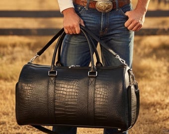 Leather Duffel Bag Roll on overnight gym sports Croc Embossed  Luxury Travel Weekender