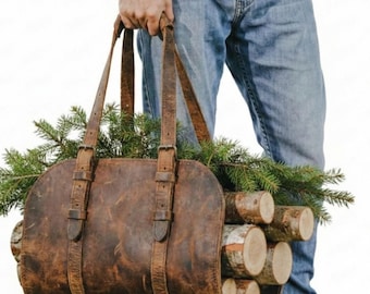 Handmade Leather Firewood Carrier | Rustic Log Hauling Tote Bag