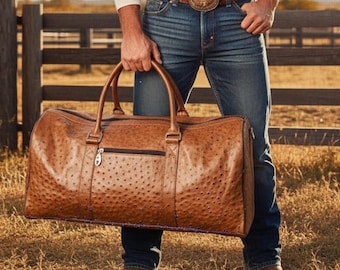 Ostrich Embossed Leather Travel Duffel Bag Handmade – Vintage Carry-On Gym Bag, Western Gift