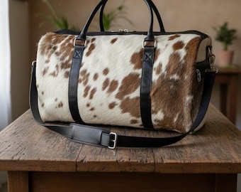 Hair-On Hide Cowhide Duffel Bag – Handmade Leather Weekender, Durable Travel Bag, Gift for Him