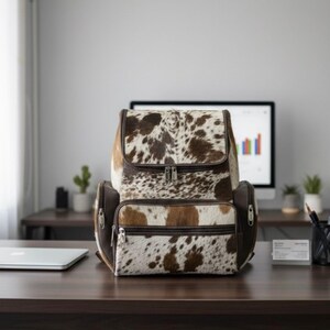 Op de afbeelding: Een bruin-witte koeienhuid rugzak met een klepsluiting en twee ritsvakken. De tas heeft bruine leren details. Hij staat op een donkerbruin houten bureau. Gemaakt van echt leer.
