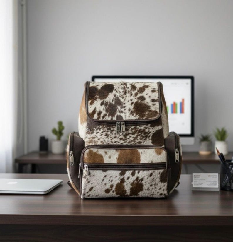 Op de afbeelding: Een bruin-witte koeienhuid rugzak met een klepsluiting en twee ritsvakken. De tas heeft bruine leren details. Hij staat op een donkerbruin houten bureau. Gemaakt van echt leer.