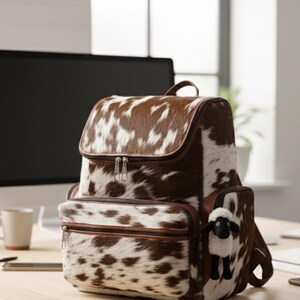 Op de afbeelding: Een bruin-witte koeienhuid rugzak met een klepsluiting en een voorvak met ritssluiting. De tas heeft een handvat aan de bovenkant en een kleine schapenbedel aan de zijkant. De rugzak staat op een houten bureau.