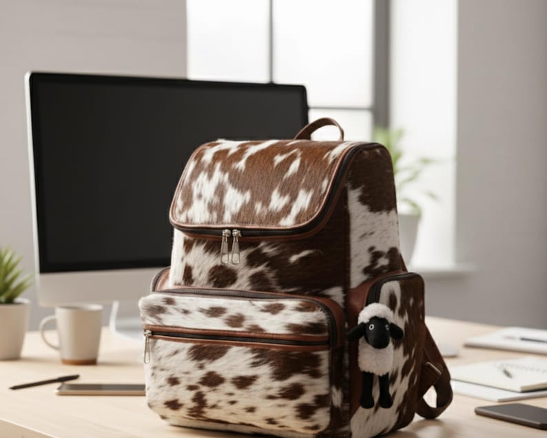Op de afbeelding: Een bruin-witte koeienhuid rugzak met een klepsluiting en een voorvak met ritssluiting. De tas heeft een handvat aan de bovenkant en een kleine schapenbedel aan de zijkant. De rugzak staat op een houten bureau.