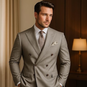 Kammgarn Grau Zweireihiger Anzug Herren | Maßgeschneiderte Passform & Hochzeitskleidung | Klassische Elegante Kleidung